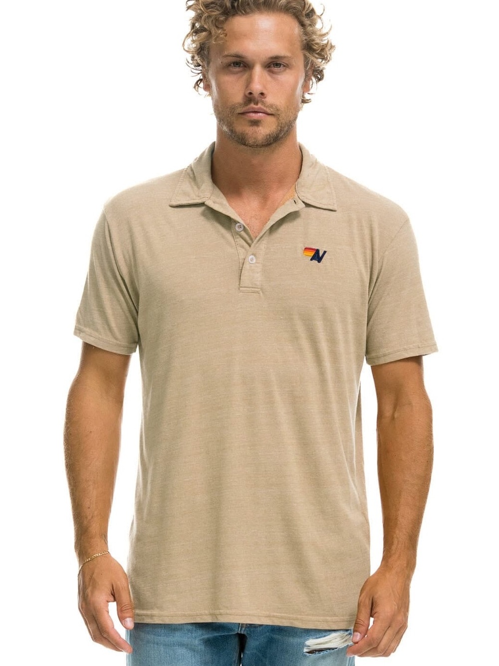 Aviator Nation Unisex Classic Short Sleeve Single Stitched Polo Shirt - Sand